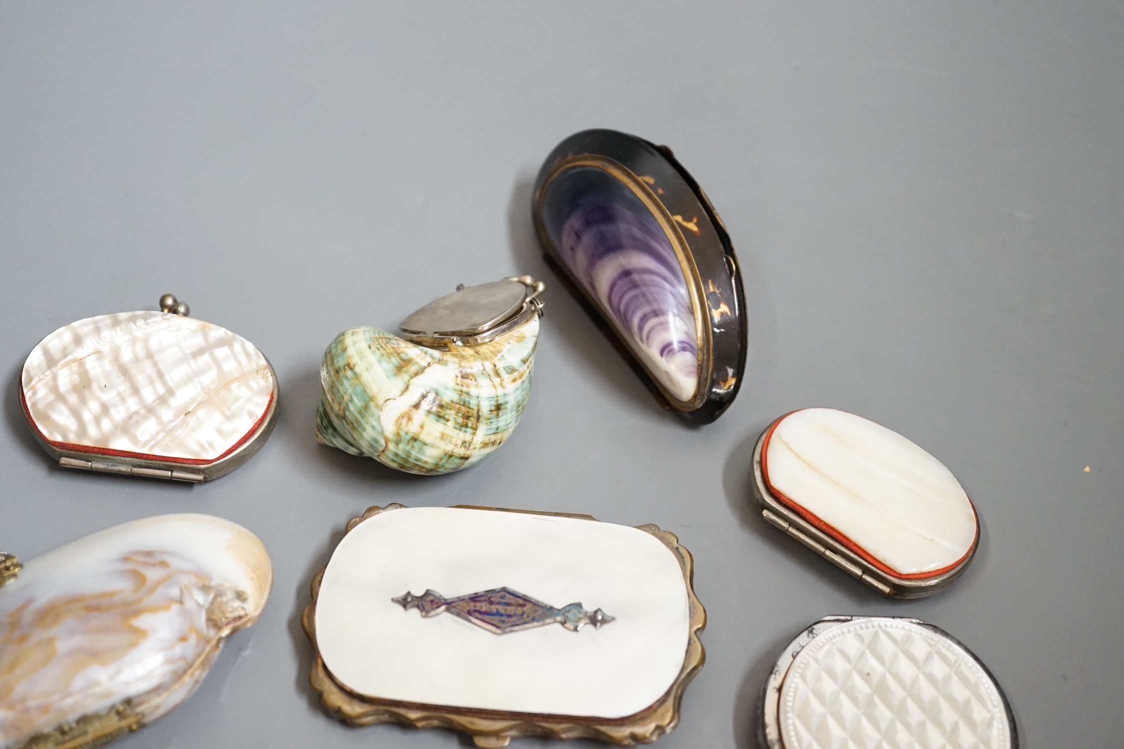 Twelve 19th century mother of pearl purses and containers